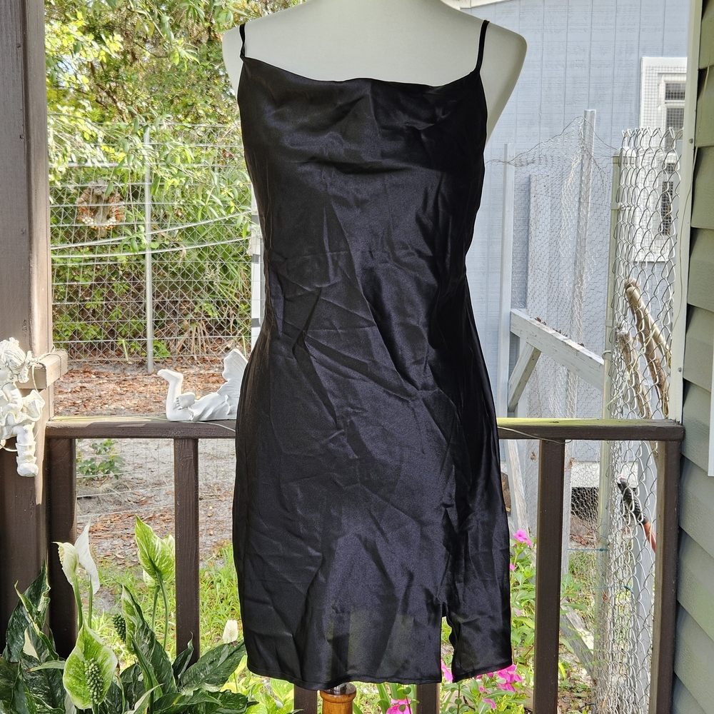 Rue21 Black Satin Slip Mini Dress Size L Y2K Feminine Dainty Cocktail Milkmaid